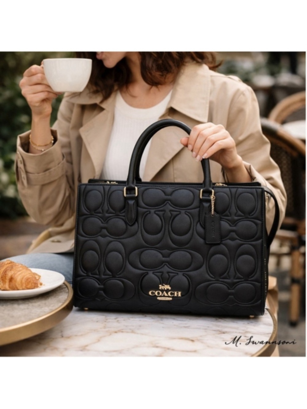 NEW Coach Maggie Tote Black Signature Embossed Leather Laptop Tote CY672 NWT